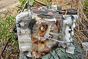 Close up of an old rusty  car engine