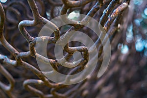 Close up old rusty iron net with blur background
