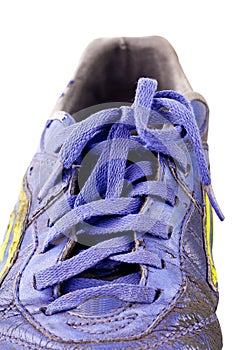 Close up old shoelace futsal shoes on white background soccer sportware object isolated