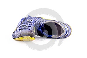 Close up old shoelace futsal shoes on white background soccer sportware object isolated