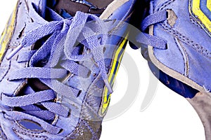 Close up old shoelace futsal shoes on white background soccer sportware object isolated