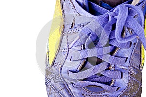 Close up old shoelace futsal shoes on white background soccer sportware object isolated