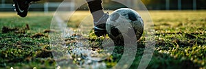 Close-up of old soccer ball on grass with player's feet in motion, dynamic play football stadium.