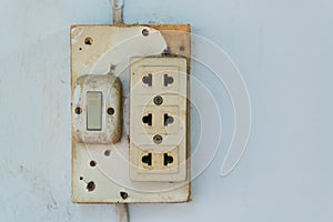 Close-up of old socket, electrical outlet on the wall
