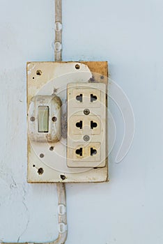 Close-up of old socket, electrical outlet on the wall