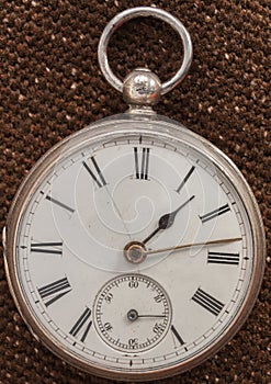 Close-up of an old sterling silver pocket watch