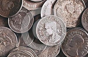 Close up of the old Thai baht coins
