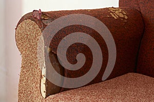 close-up of old torn sofa upholstery
