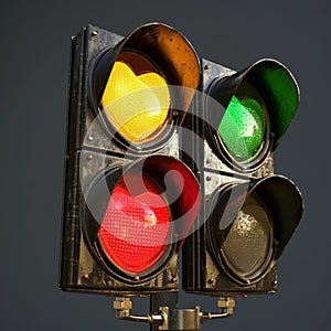 Close-up of an old traffic light with all three colors illuminated against a dark background. Traffic light in the shape