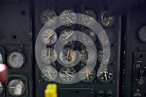 Close up of old vintage  airplane cockpit Flight Deck control panel