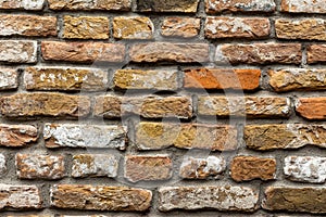 Close-up old vintage brick wall white yellow red tinted stones