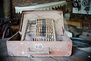 Close up on old vintage Old abacus in workshop