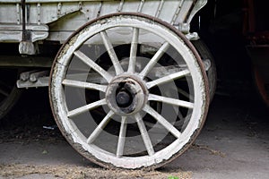 Close-up of an old wagon cart wheel