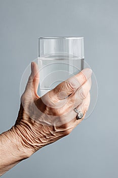 Close-up of an old woman holding a glass of water with hand. The concept of loneliness