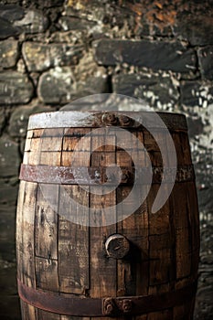 Close-up of an old wooden barrel with iron bands, showcasing detailed craftsmanship and the beauty of aging. Concept for