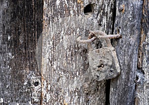 Close up of an old wooden door, with an antique padlock, rusty and dirty, with spider webs, antique texture, selective focus and