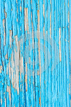 Close up of a old wooden door, teal blue paint peeling off; text