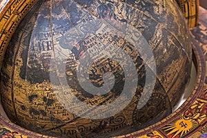 Close up of Old Wooden Mounted World Globe