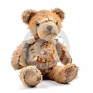Close up of an old, worn out teddy bear on a white background, showing its ragged texture and nostalgic sentimentality. Generative
