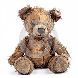 Close up of an old, worn out teddy bear on a white background, showing its ragged texture and nostalgic sentimentality. Generative