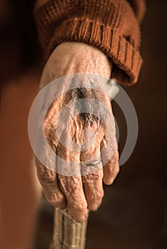Close up of old wrinkled woman`s hand