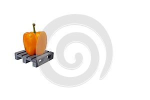 Close up of one fresh orange paprika standing on grey mini pallet isolated on white background with large copy space.Sweet yellow