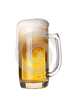 Close up one frothy beer glass isolated on white