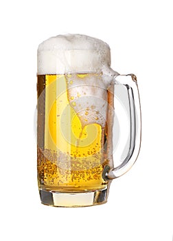 Close up one frothy beer glass isolated on white