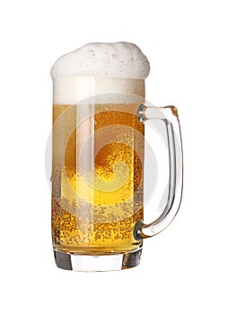 Close up one frothy beer glass isolated on white