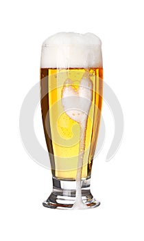 Close up one frothy beer glass isolated on white