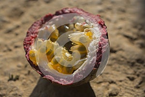 Close up of one halved passion fruit Passiflora edulis photo