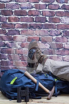 Close Up of One Person who wears boots for trekking and Mountain