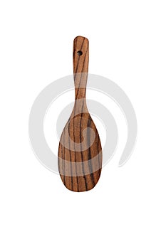 Close up one wooden spatula, natural cooking kitchen utensil of palm wood, isolated on white background, elevated top view,