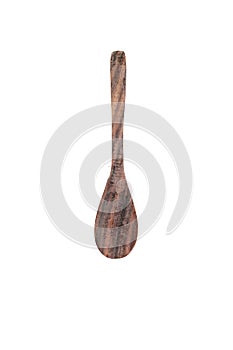 Close up one wooden spatula, natural cooking kitchen utensil of palm wood, isolated on white background, elevated top view,