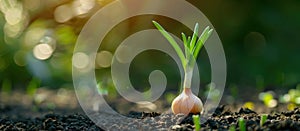 Close-Up of Onion Sprouting in Soil