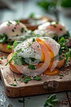 Close-up an oozing yolk of a poached egg, an Eggs Benedict recipe, presented alongside fresh greens on a toast