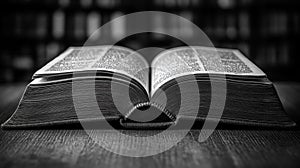 Close-up of an Open Book with Pages Turning in Black and White Evoking Knowledge and Elegance photo