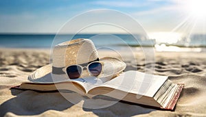 Open Book and a white Straw Hat with Sunglasses on a Sandy Beach - Generative Ai