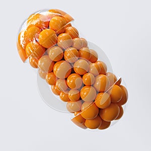 Close-up open capsule or pill antibioic painkiller with many spheres medicine inside. Health medical concept. 3d render