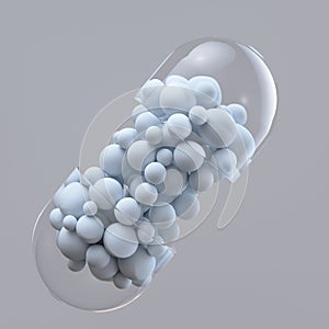 Close-up open capsule or pill antibioic painkiller with many spheres medicine inside. Health medical concept. 3d render