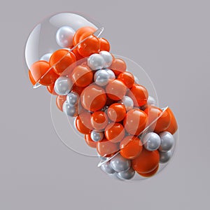 Close-up open capsule or pill antibioic painkiller with many spheres medicine inside. Health medical concept. 3d render