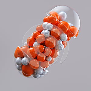 Close-up open capsule or pill antibioic painkiller with many spheres medicine inside. Health medical concept. 3d render