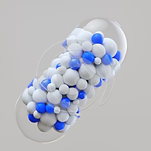 Close-up open capsule or pill antibioic painkiller with many spheres medicine inside. Health medical concept. 3d render