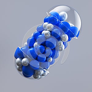 Close-up open capsule or pill antibioic painkiller with many spheres medicine inside. Health medical concept. 3d render