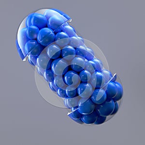 Close-up open capsule or pill antibioic painkiller with many spheres medicine inside. Health medical concept. 3d render