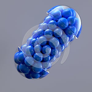 Close-up open capsule or pill antibioic painkiller with many spheres medicine inside. Health medical concept. 3d render