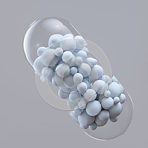 Close-up open capsule or pill antibioic painkiller with many spheres medicine inside. Health medical concept. 3d render