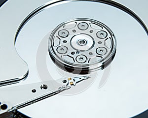 Close up of open computer hard disk drive