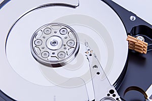 Close up of open computer hard disk drive