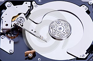 Close up of open computer hard disk drive